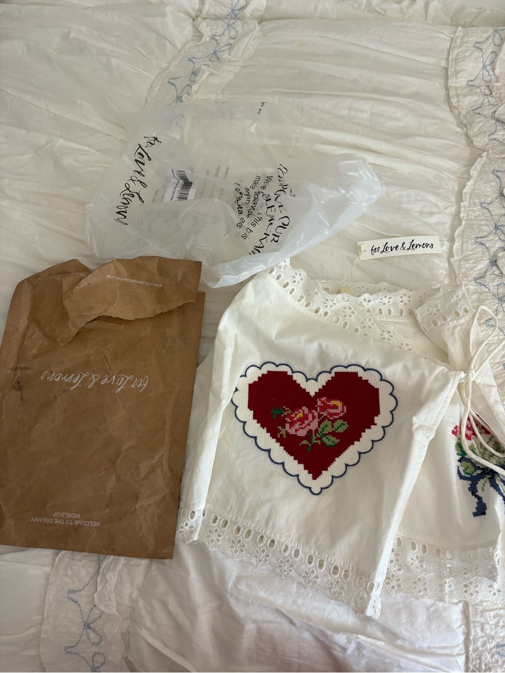 FOR LOVE AND LEMONS Mi Amore White Embroidered Heart Wrap Skirt - Picture 3 of 7